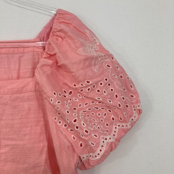 Talbots Large Pink Linen Blend Square Neck Top Embroidered Pineapple Vacation - Picture 4 of 12